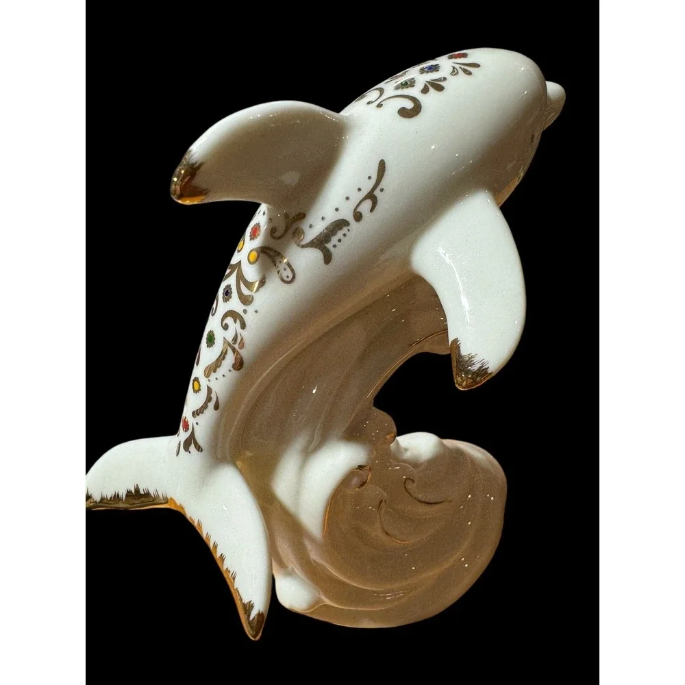 Vintage Creamy White Dolphin Figurine With Colorful Accents Design EUC